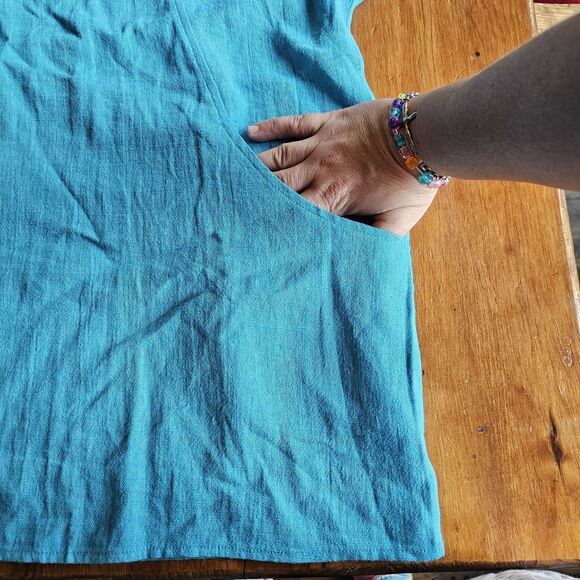 Soft Surroundings Cold Shoulder Tunic Top 2X Linen Blend Teal Blue Pockets - Picture 2 of 5